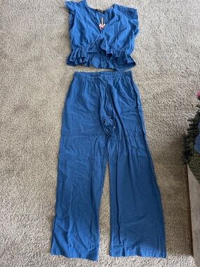 Fancyinn Blue V-Neck Ruffle Top